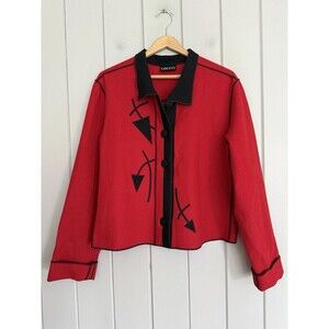 Vtg Beppa Wool Jacket L Large Red Black Embroidered Applique Button Front